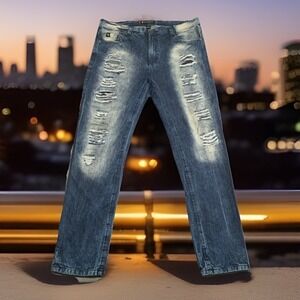 VTG SouthPole Baggy Jeans Men 40x34 Hip Hop Y2K Acid Wash Blue Distressed Rips